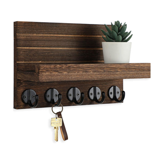Lwenki Key Holder for Wall, Decorative Key and Mail Holder with Shelf Has Large Key Hooks for Bags, Coats – Paulownia
