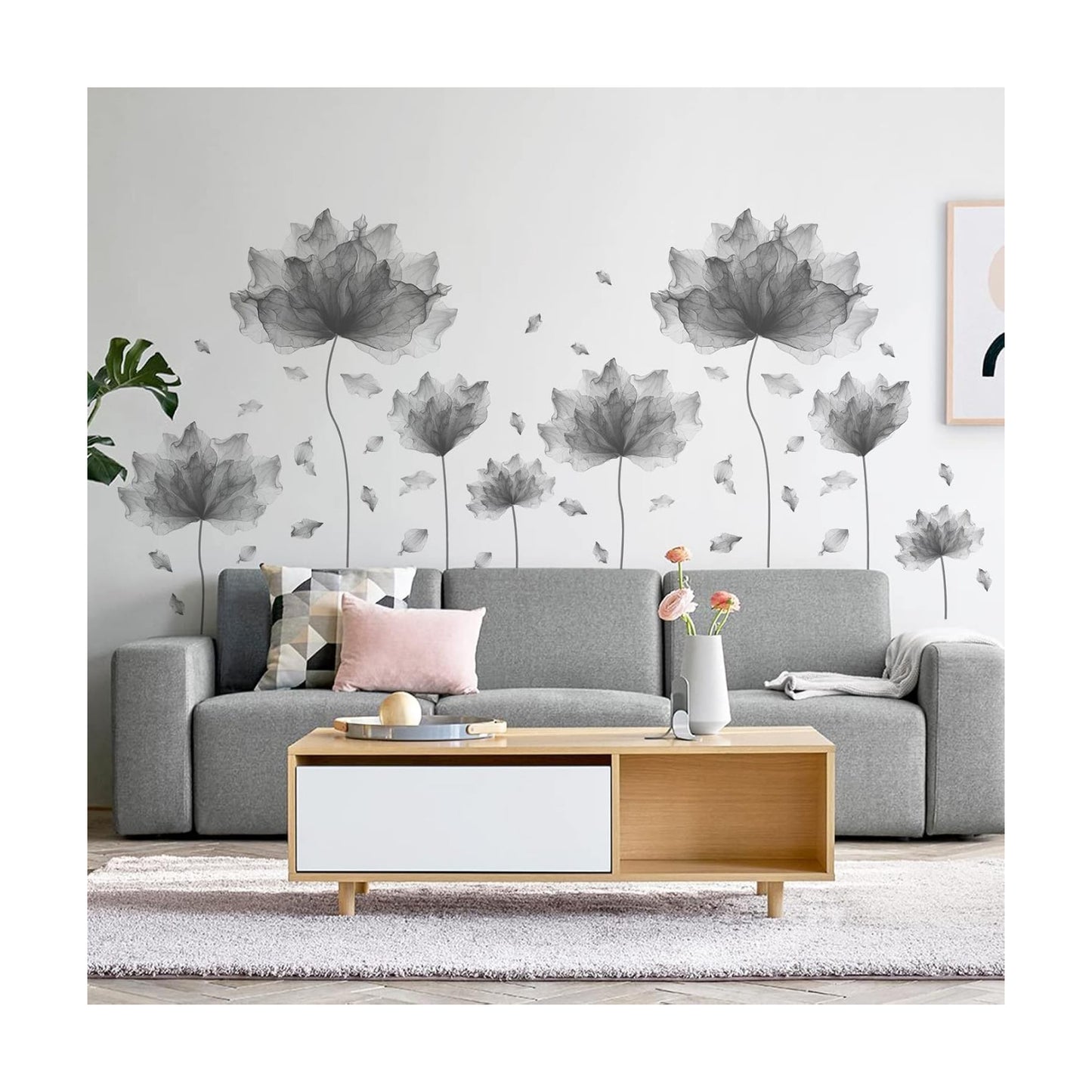 Flower Petal Wall Decal Floral Wall Sticker / Gray / 59.1'' x 49.6