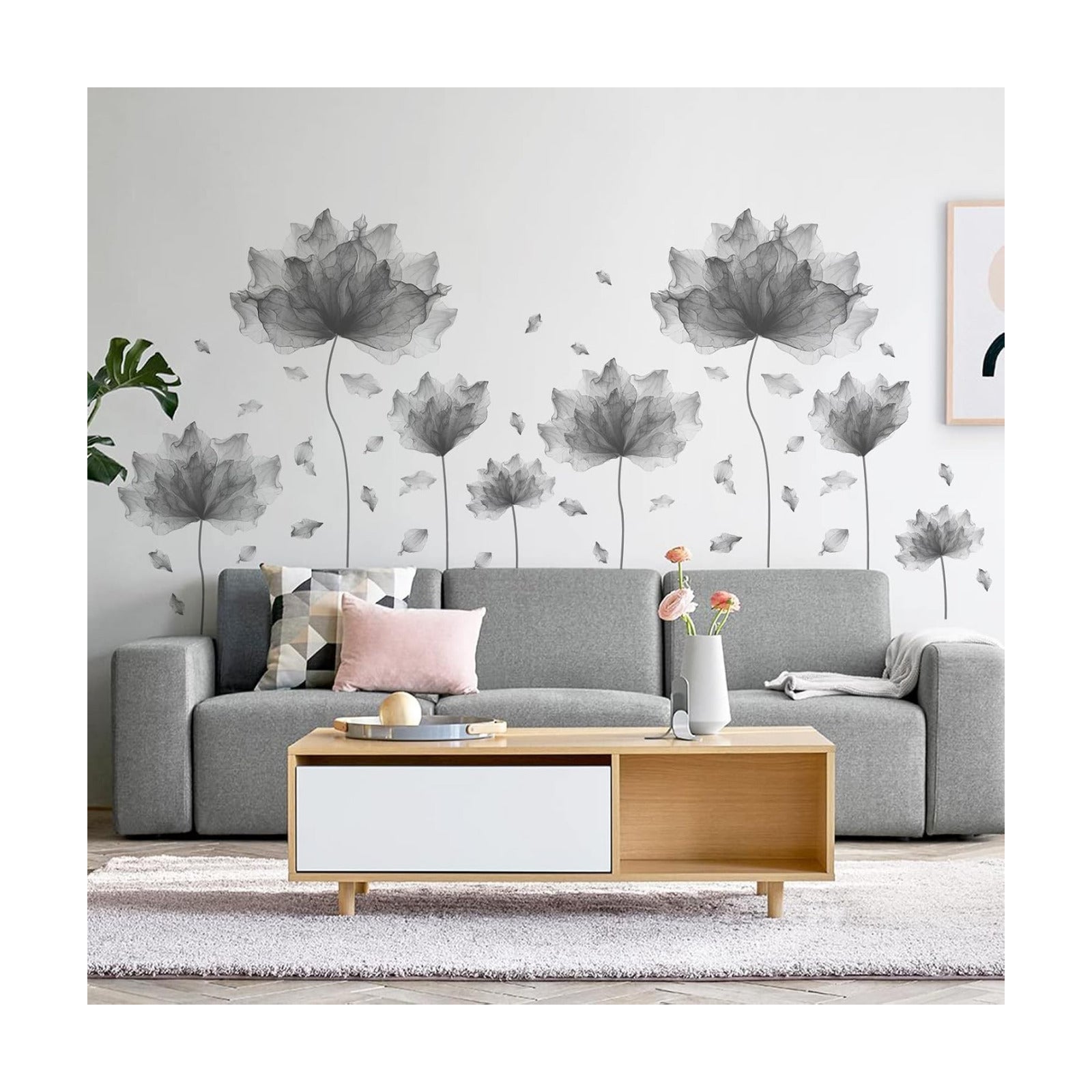 Flower Petal Wall Decal Floral Wall Sticker / Gray / 59.1'' x 49.6