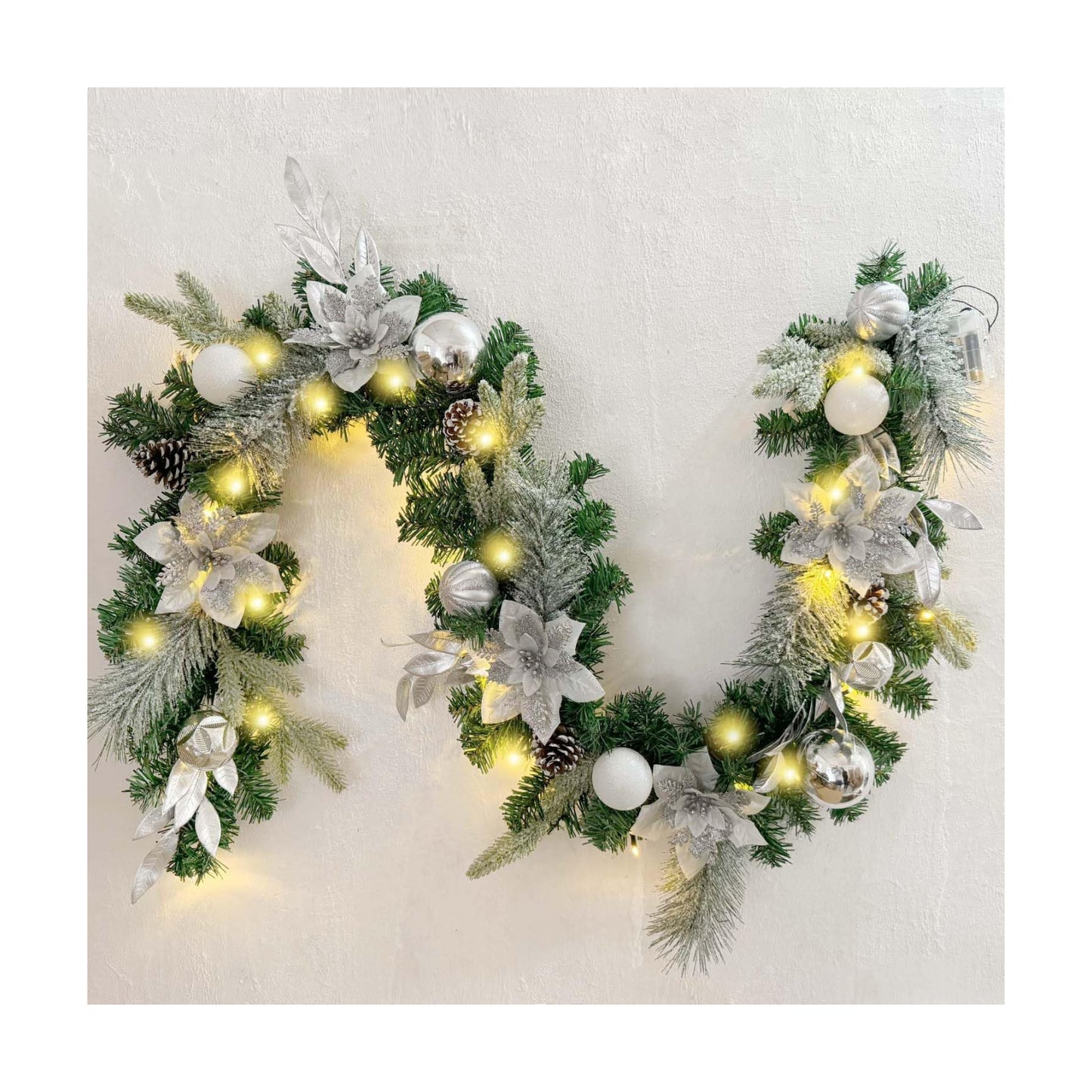 WANNA-CUL Pre-Lit 6ft Silver White Christmas Garland with 30 LED Lights | Frozen Winter Xmas Lighted Garland for Mantel