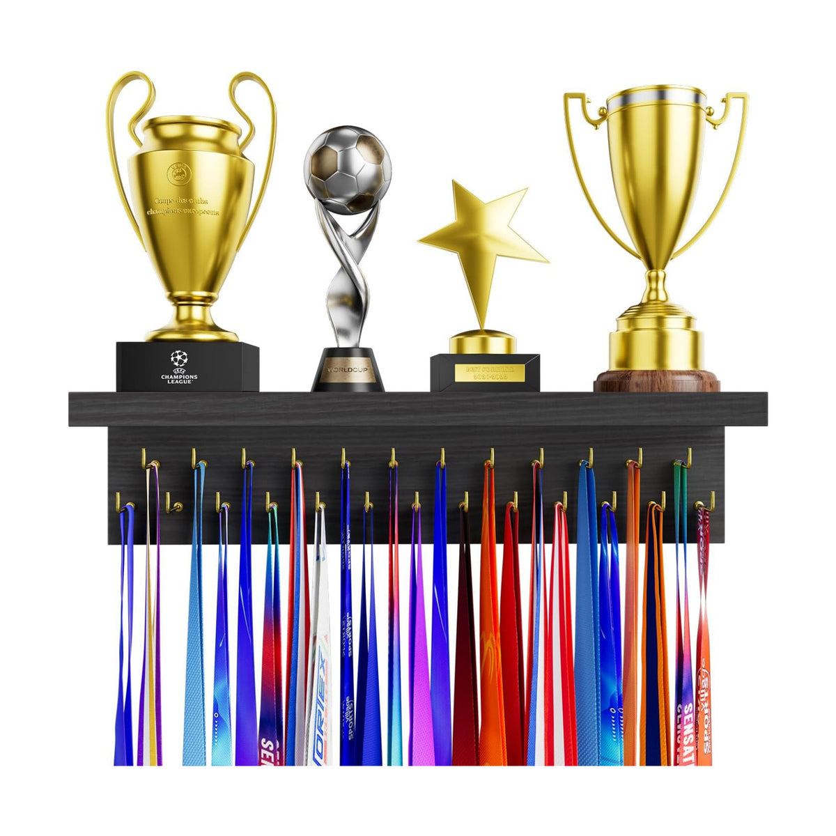 Medal Holder Display Trophy Shelf Organizer, Sturdy Wooden Race Award Hanger Rack with 25 Steel Hooks, Wall Mount