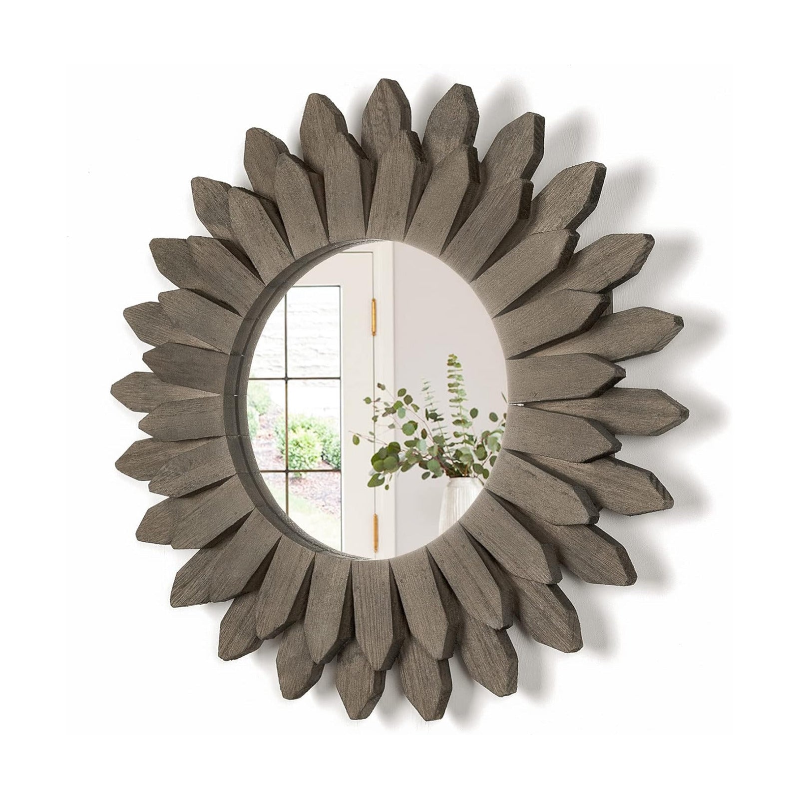 Farmhouse Wall Decor Mirror Sunburst Boho Wood Mirror Rustic Home Decor / Weathered Grey / 12 Inch