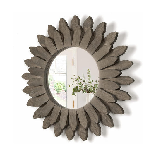 Farmhouse Wall Decor Mirror Sunburst Boho Wood Mirror Rustic Home Decor / Weathered Grey / 12 Inch