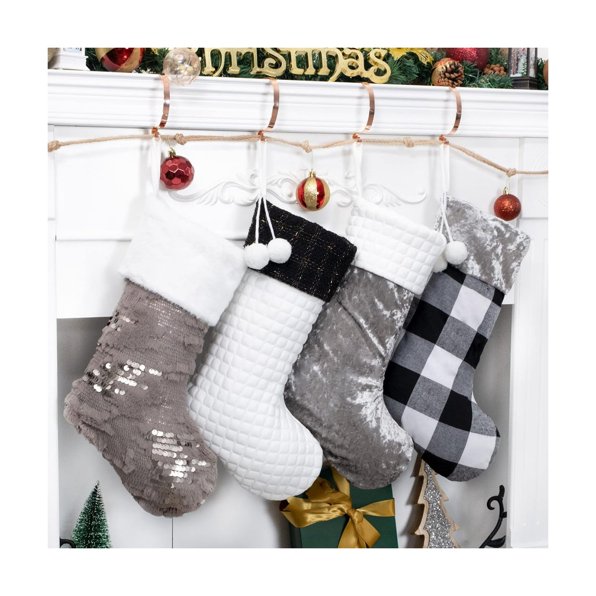 LUBOT 4 Pack Christmas Stockings Large Family Xmas Stocking Black White Gray Contrast Match Flannel Plaid Plush Sequins Hanging for Decorations Holiday