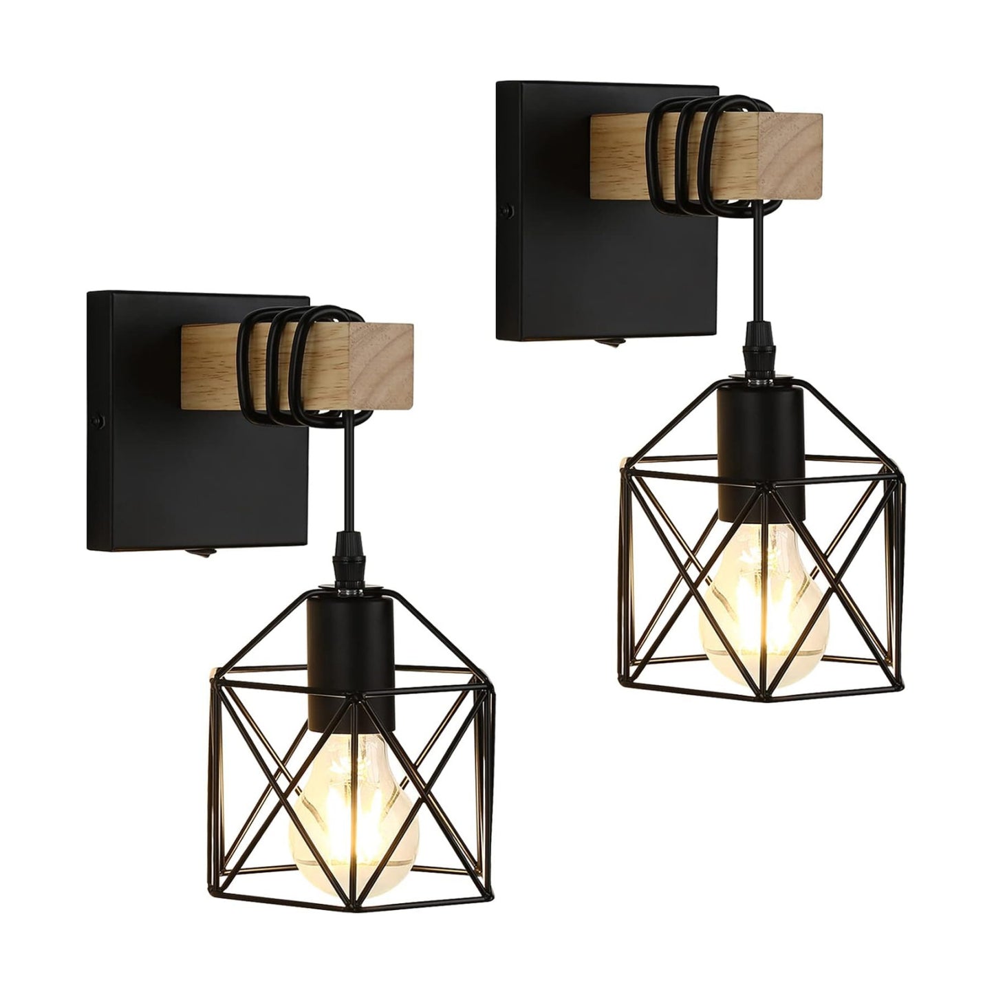 Lightess Black Cage Industrial Wall Sconce with ON/Off Switch Set of 2 | Metal Cage Shade Creates Vintage Glow