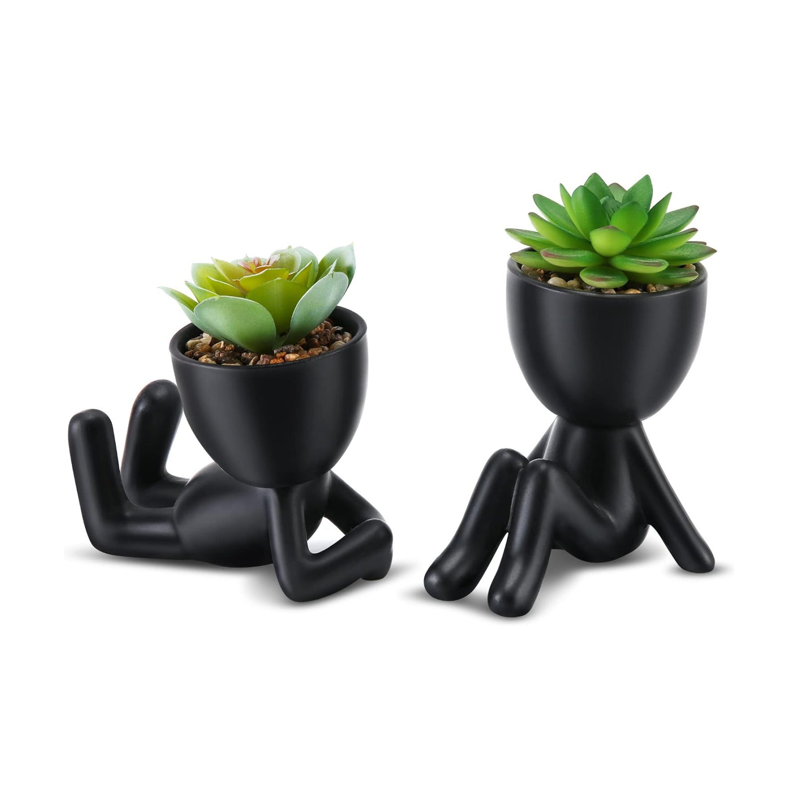 Mini Succulents Plants Artificial in Black Modern Human Shaped / Black Ceramic Pot A Green Succulent