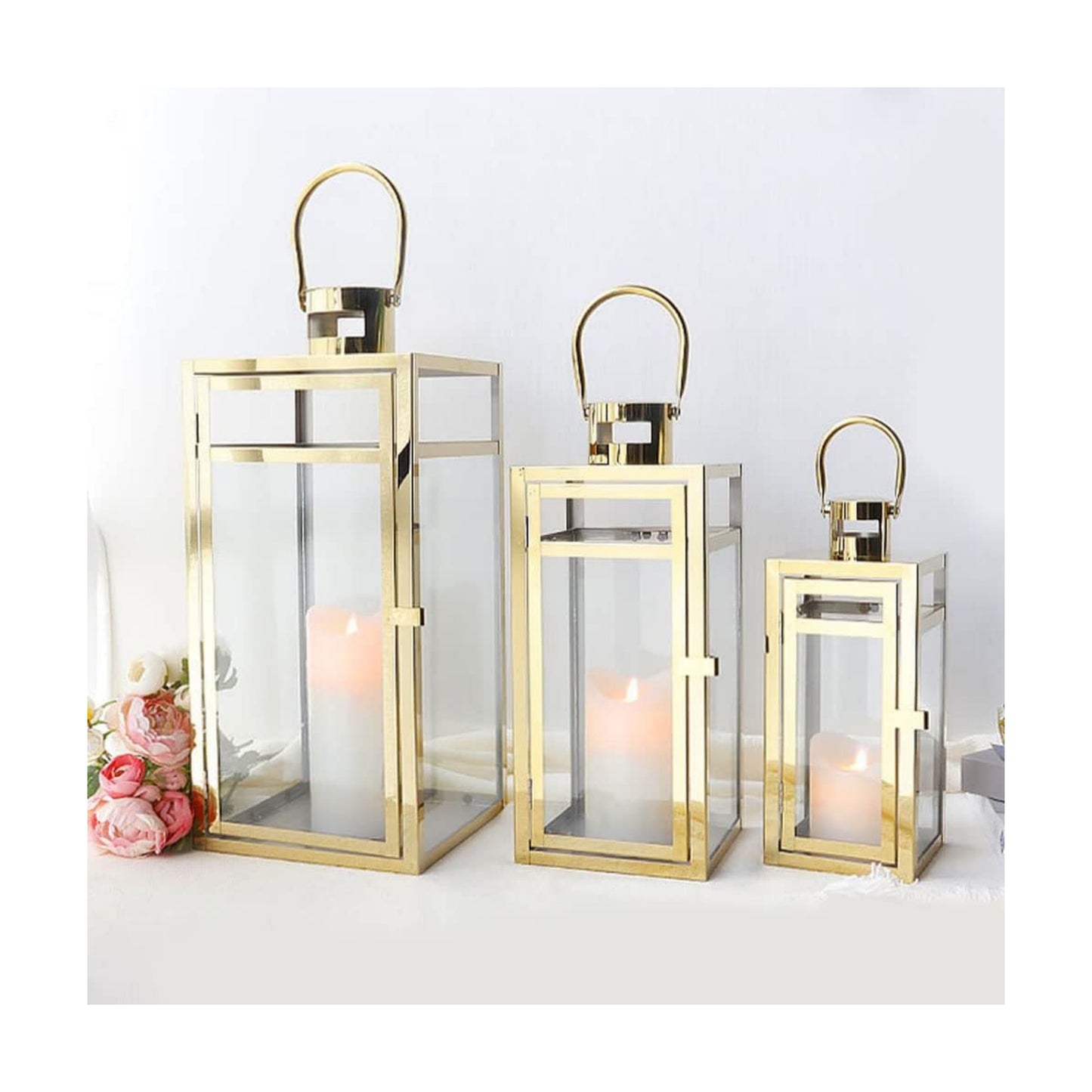 TRIROCKS Elegant Gold Stainless Steel Lantern Set- 3 Sizes (12", 15", 19") - Tempered Glass Panel Metal Lanterns for