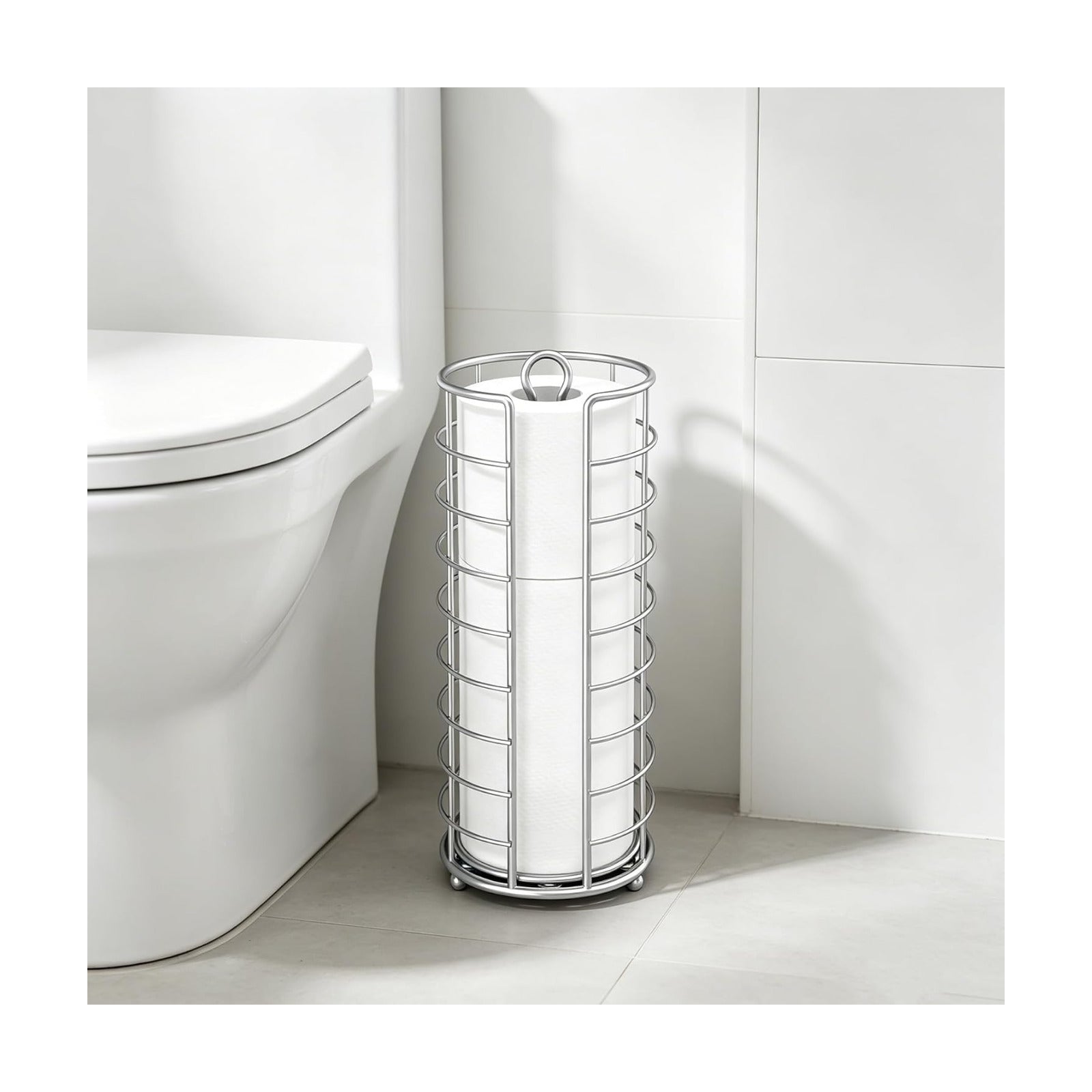 Toilet Paper Holder Stand,Freestanding,Silver | Bathroom Toilet Paper Organizer, 3 Mega Roll Toilet Paper Holder for