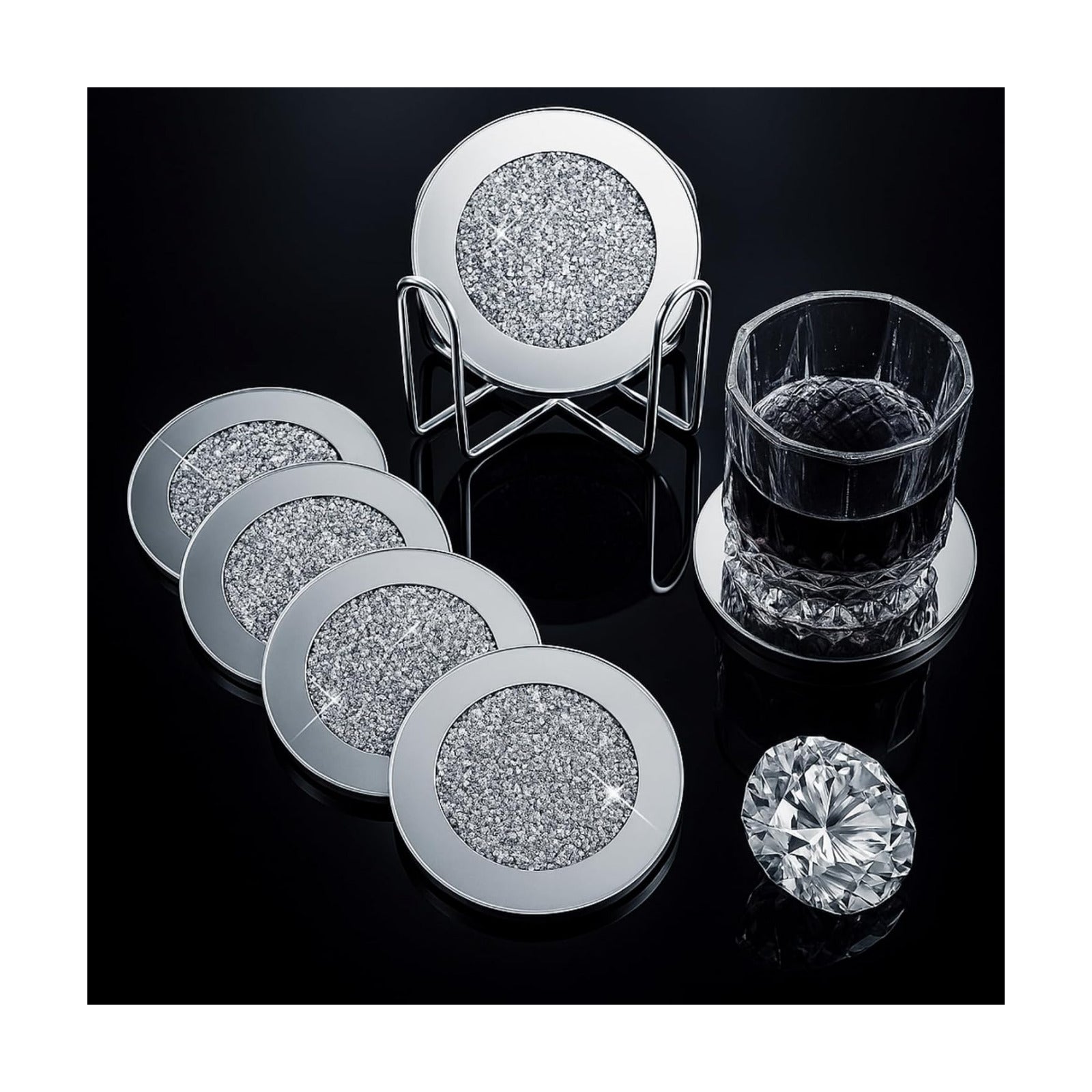 1 Holder 4" Crushed Diamond Round Cup Mat Glitter Crystal Rhinestone Glass / Silver / Set of 6
