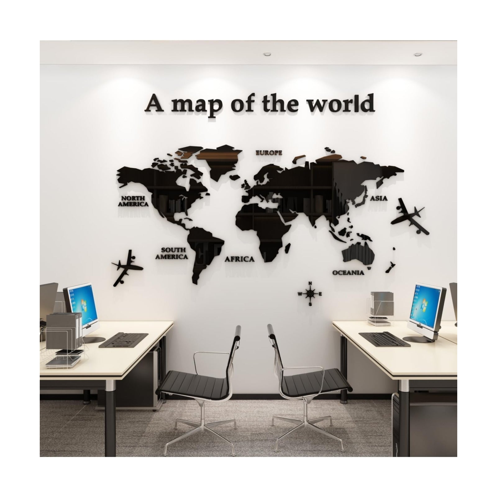 3D World Map Wall Stickers Decor Murals DIY Decal / Large / Black / 71 x 40