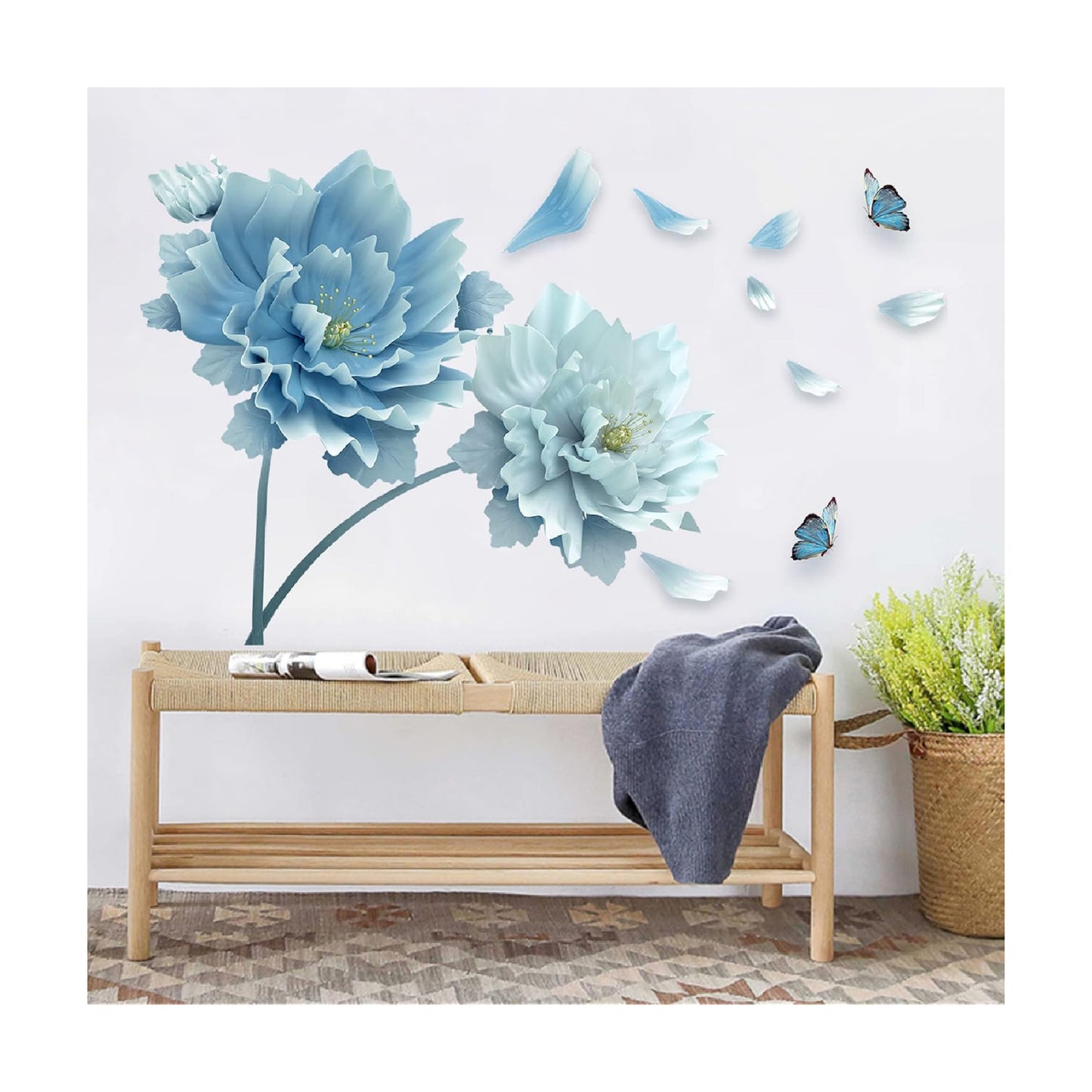 Large Flowers Petals Butterflies Wall Decals Living Room Floral Wall Stickers Removable Peel / Blue