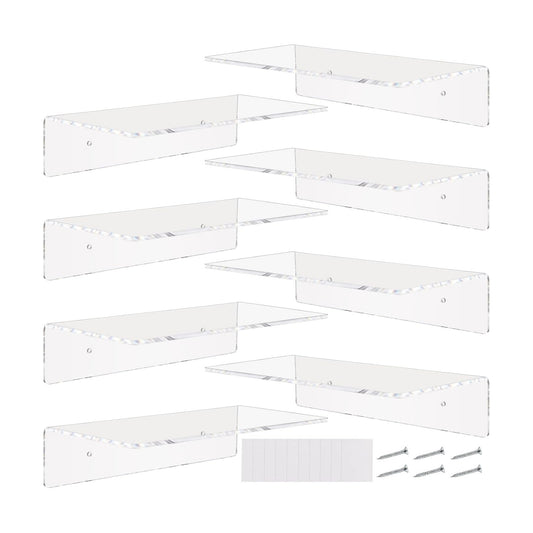 Vinsot 8 Pack Acrylic Floating Shelves 12 Inch Clear Acrylic Wall Display 4 mm Thick Invisible Book Shelves for Bedroom
