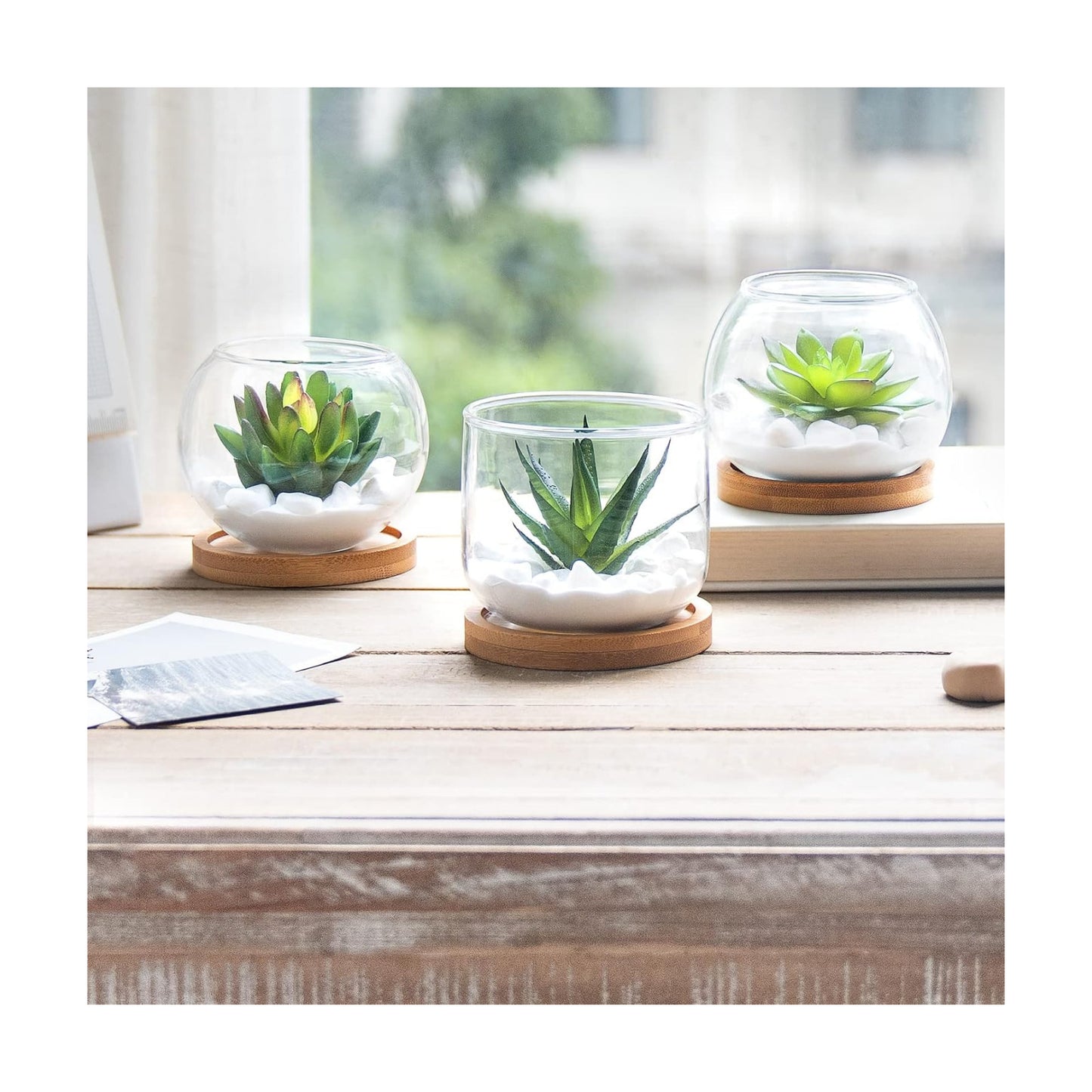 3 Mini Potted Fake Plants for Women Office Decor Small Faux Green Plant / Clear