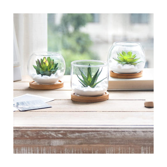 3 Mini Potted Fake Plants for Women Office Decor Small Faux Green Plant / Clear