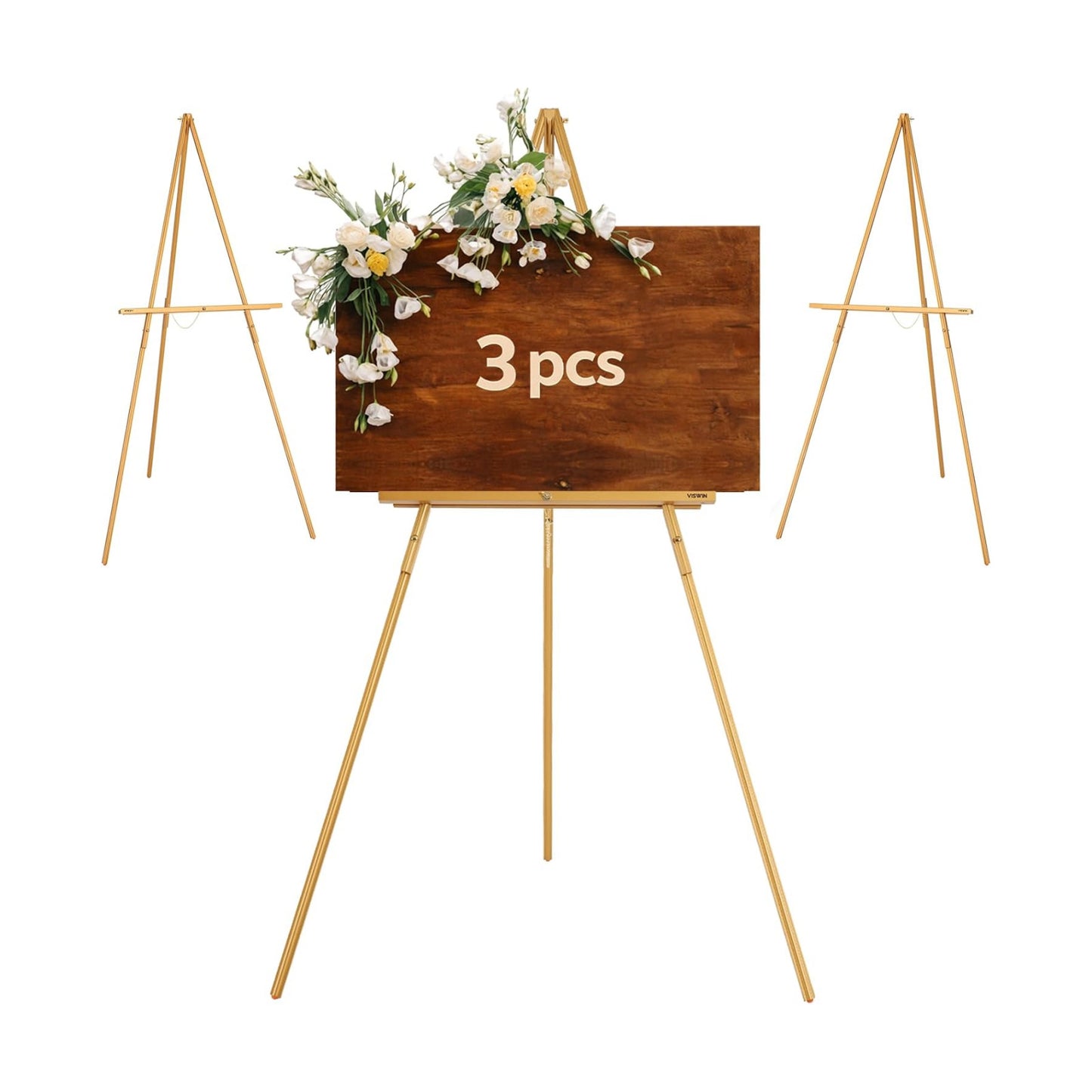 VISWIN 3Pcs 63" Gold Easel Stand for Wedding Signs, Adjustable Wooden Display Easel with Holder, Tripod Floor Easel for