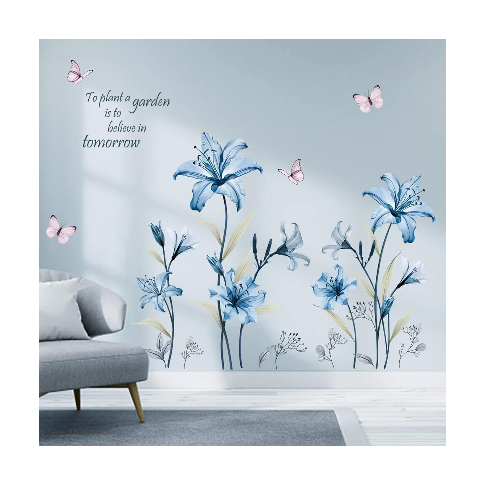 Lily Flower Wall Stickers Floral Butterfly Peel and Stick Wall Art Decals / Blue