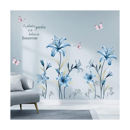 Lily Flower Wall Stickers Floral Butterfly Peel and Stick Wall Art Decals / Blue