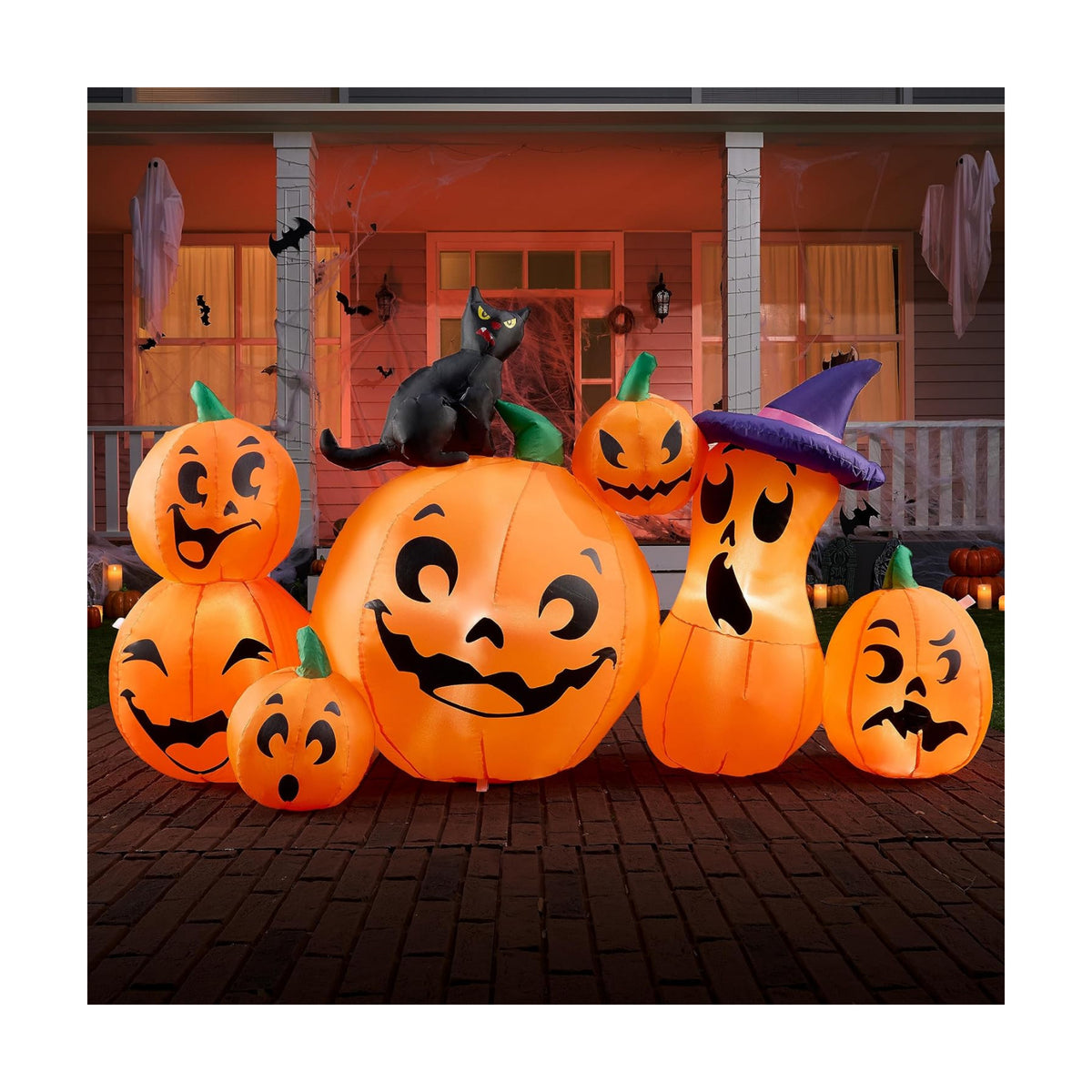 Joiedomi 6 FT Long Halloween Inflatable Outdoor Decorations, Pumpkin Blow Up Yard Decorations, 7 Pcs Inflatable Pumpkin for Outside with Witch's Cat with Build-in LEDs for Halloween Decor