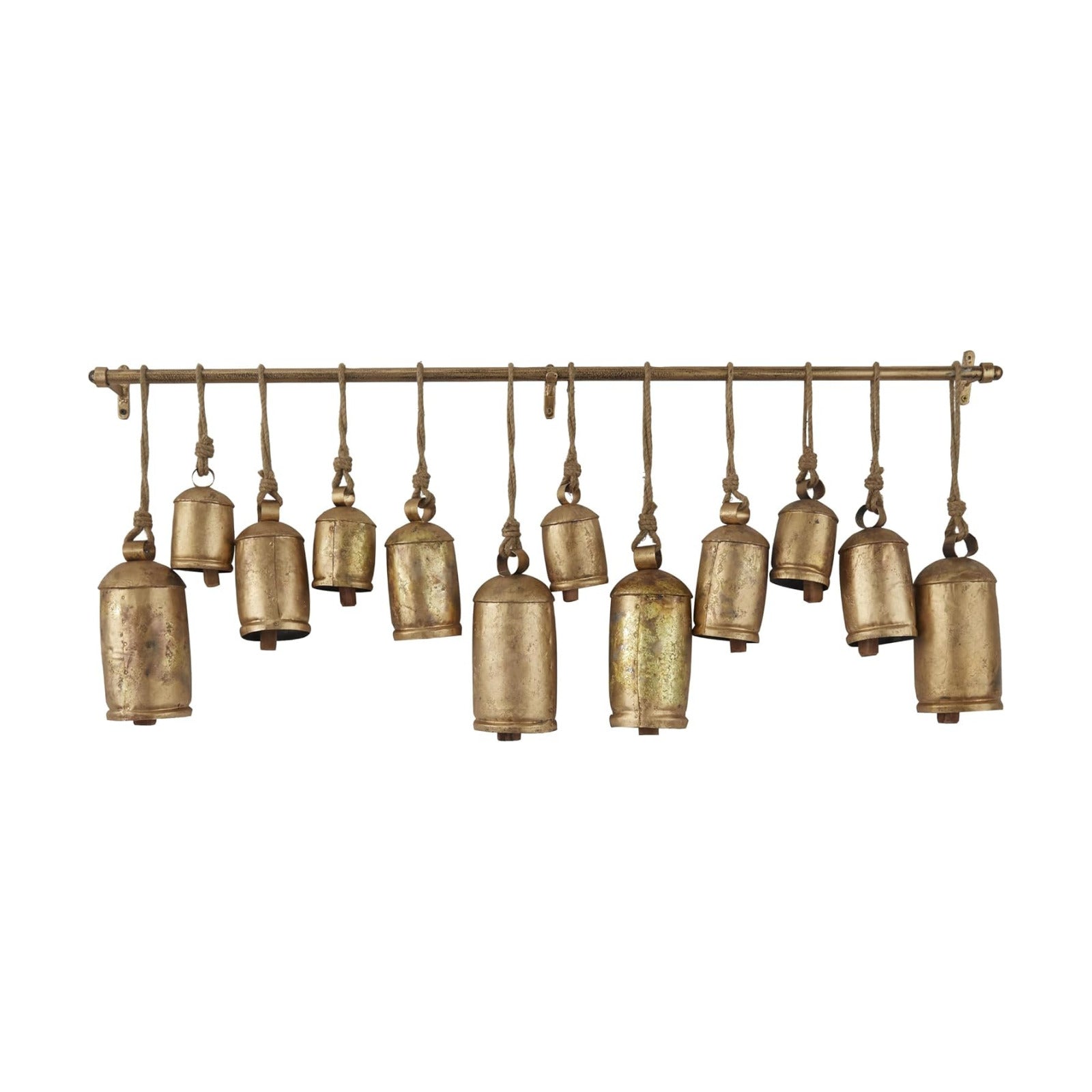 Deco 79 Metal Decorative Cow Bells Tibetan Inspired with 12 Bells on Jute Hanging Ropes and Rod, 48" x 6" x 20", Gold