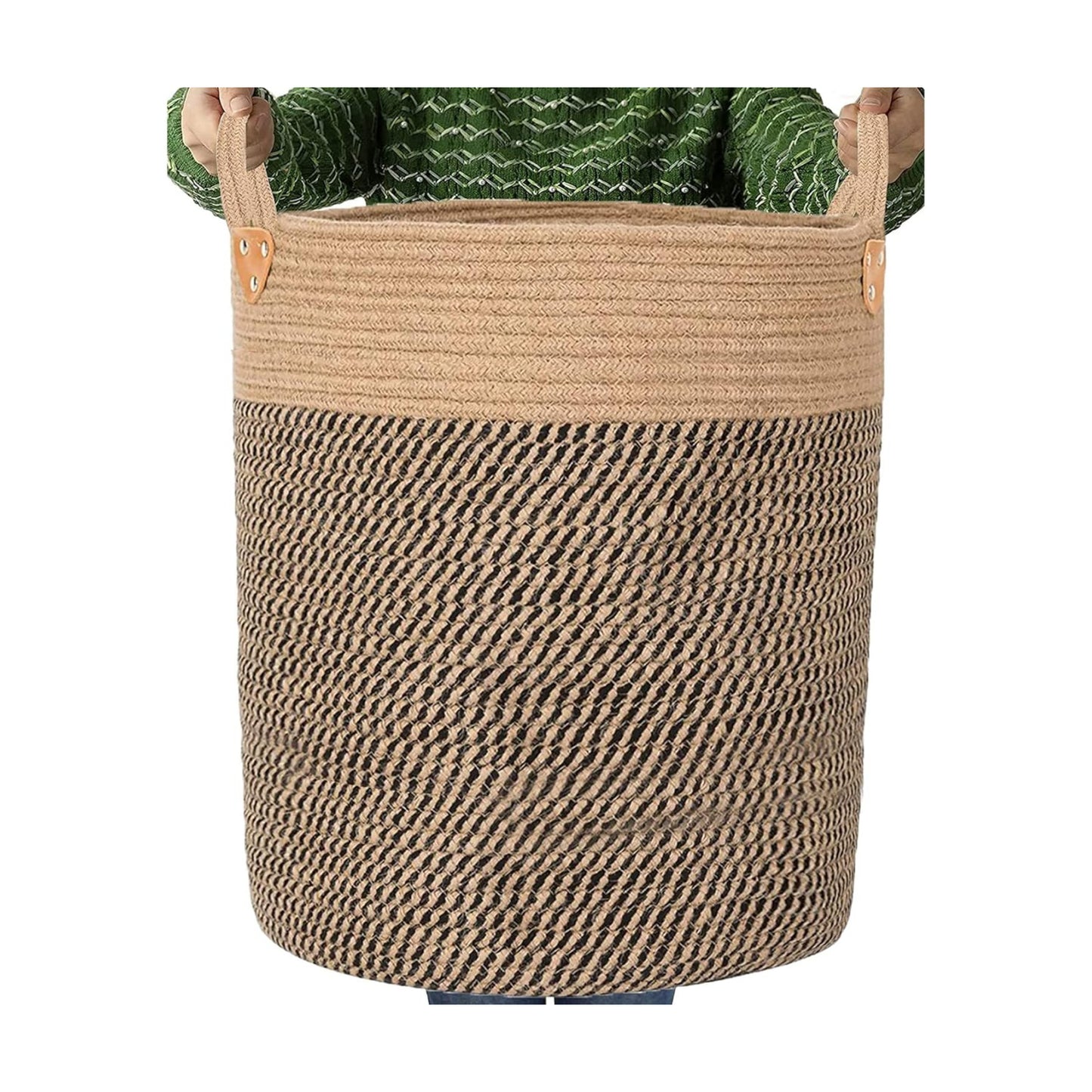 Jute Laundry Hamper Large Woven Rope Storage Basket / Jute/black Mix-18"wx20"h