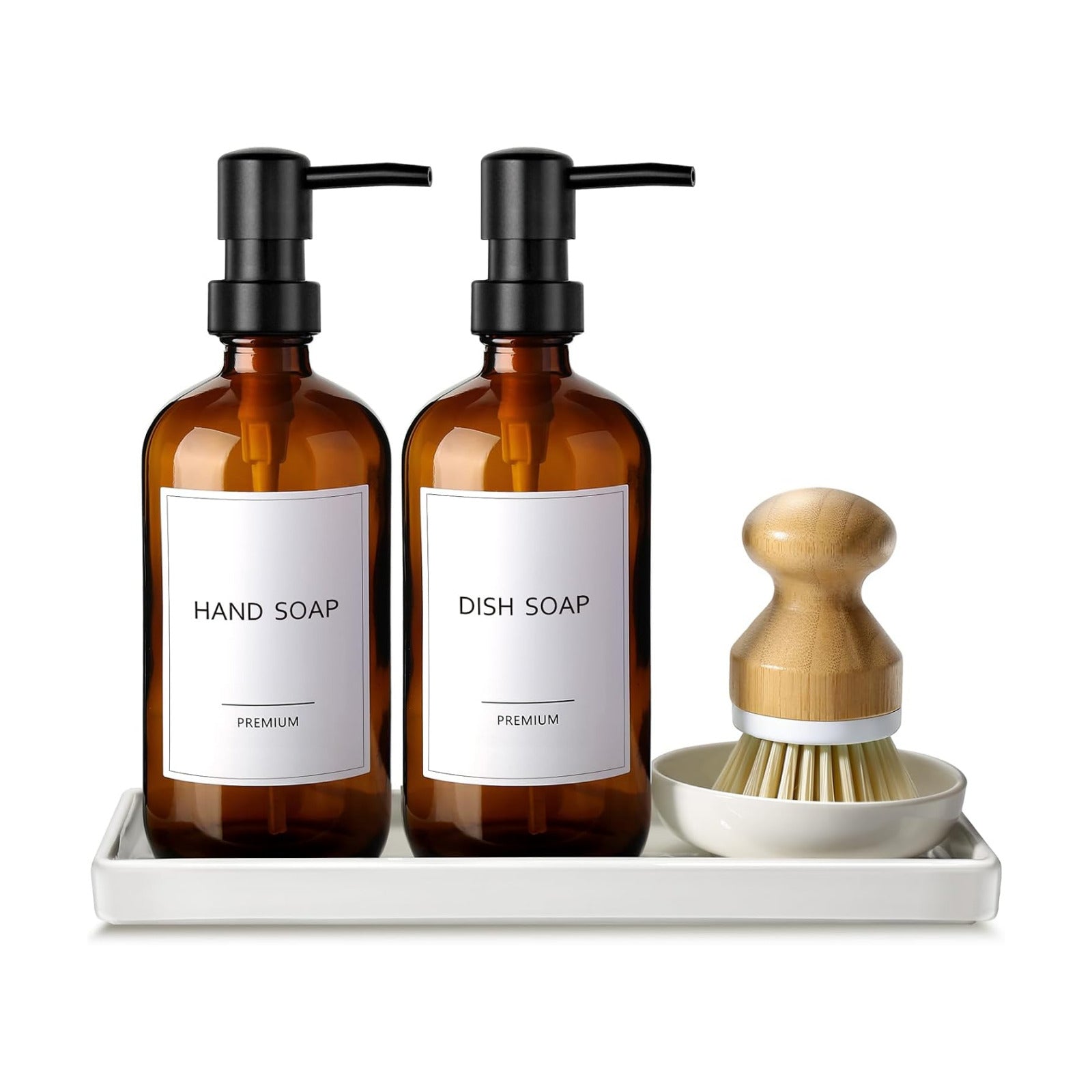 GMISUN Dish Soap Dispenser, 16 Oz Kitchen Soap Dispenser Set with Ceramic Tray & Bamboo Brush, 2 Pack Thick Amber Glass