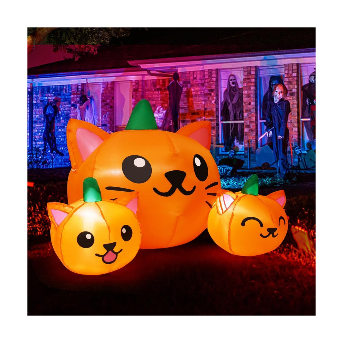 COMIN Halloween Inflatable 5FT Long Three Pumpkin Cat Head Combo with Built-in LEDs, Blow Up Yard Decoration for Holiday Party Indoor, Outdoor, Yard, Garden, Lawn