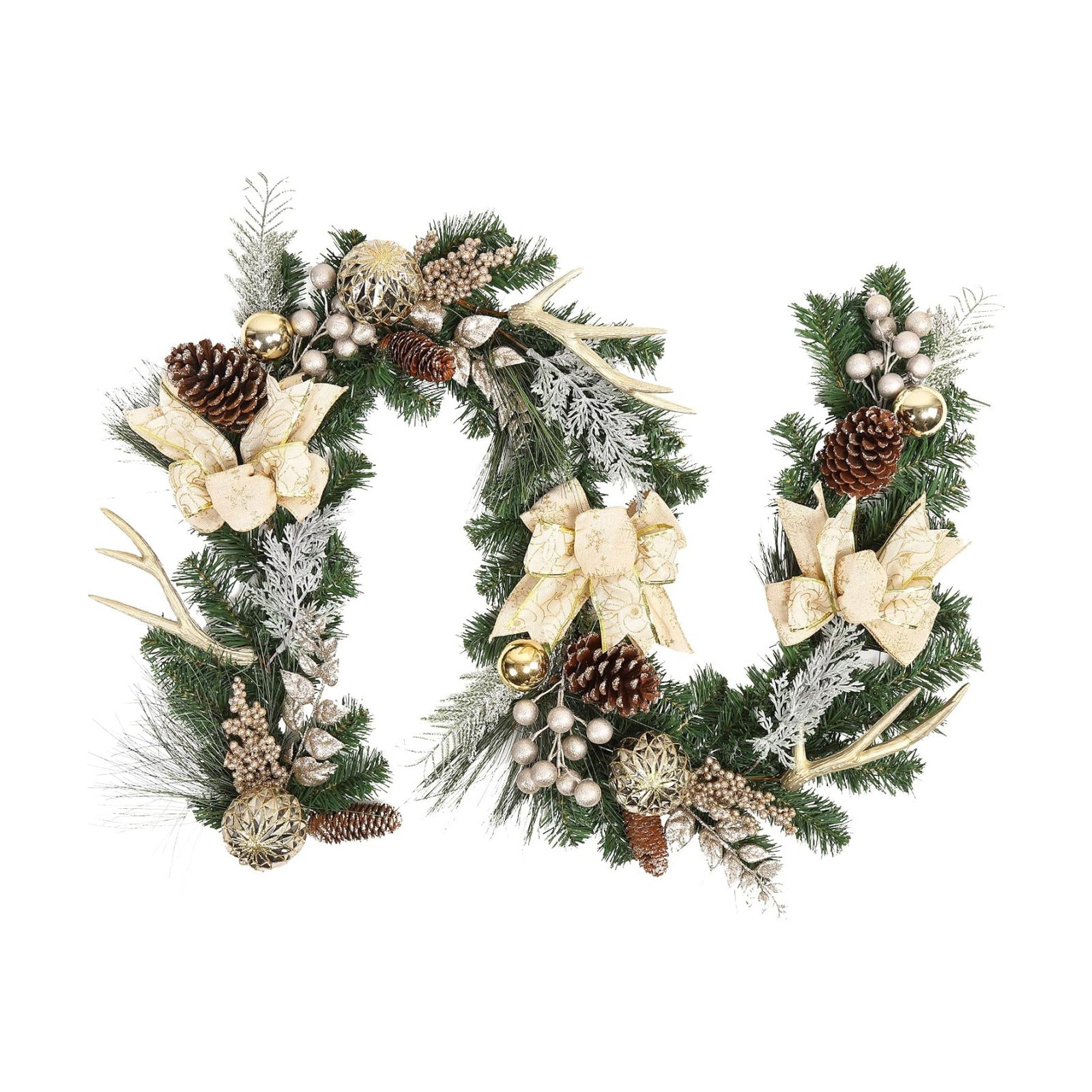 Christmas Garland with Lights, Champagne Gold 6FT 20LED Pre-Lit Christmas Garland with Ball Ornaments, Ribbons, Pine