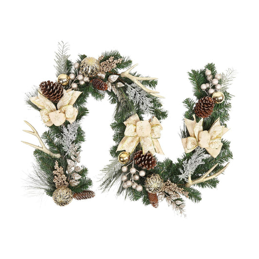 Christmas Garland with Lights, Champagne Gold 6FT 20LED Pre-Lit Christmas Garland with Ball Ornaments, Ribbons, Pine