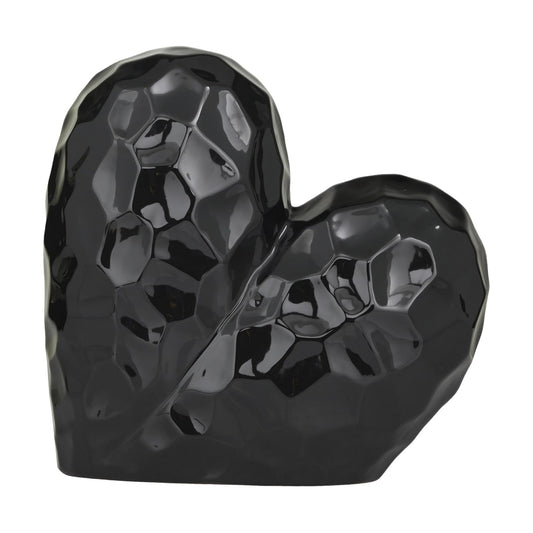 Porcelain Ceramic Heart Decorative Sculpture Dimensional Angled Origami / Black / 12 x 6 x 11