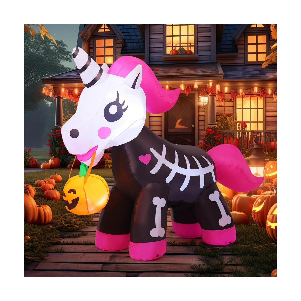 COMIN 5 FT Halloween Inflatables Skeleton Unicorn Outdoor Decorations Blow Up Yard Pink Cute with Built-in LEDs for Indoor Party Garden Lawn Decor