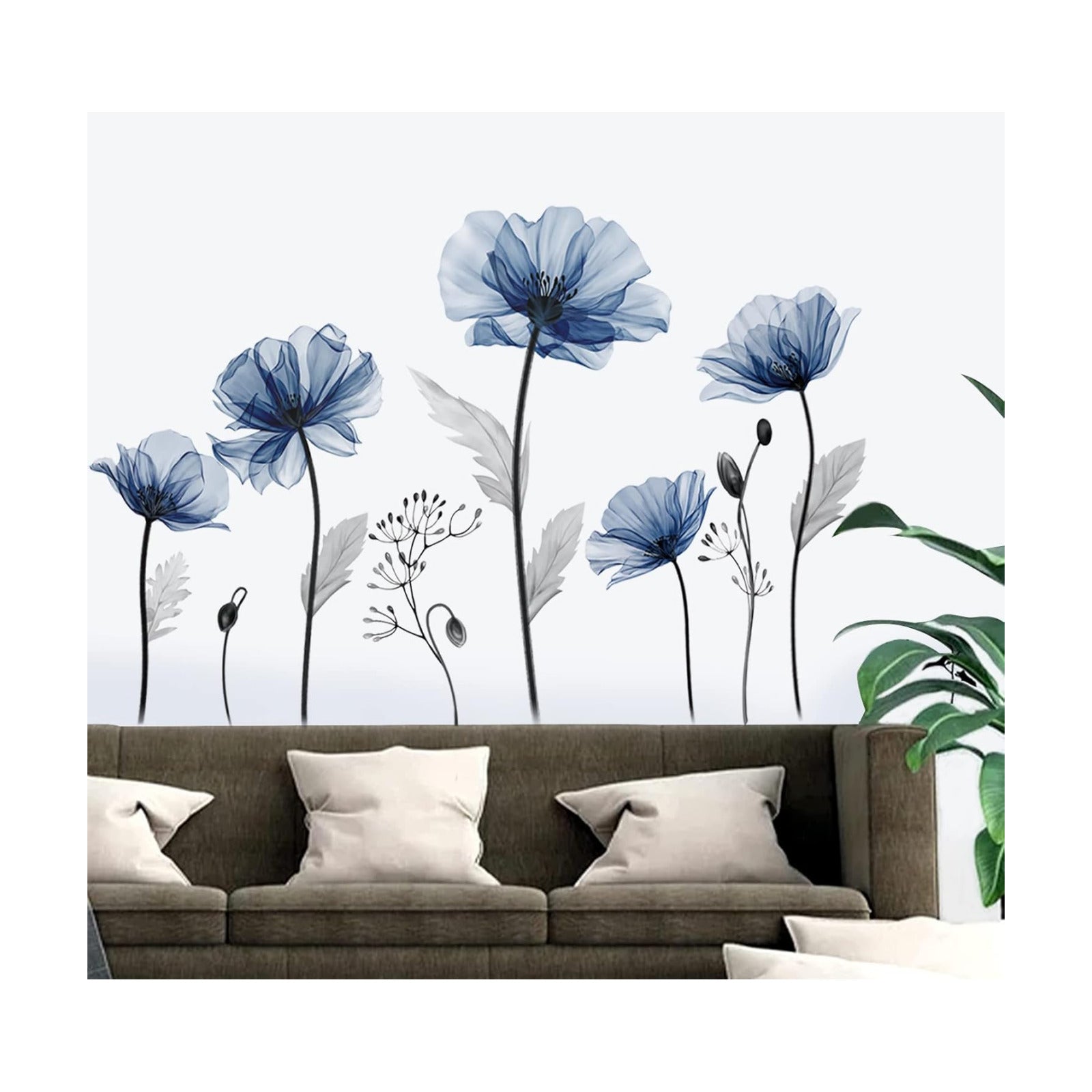 Large Flower Wall Decals Floral Plants Wall Stickers Bedroom Living Room Kitchen Wall Decor / Blue