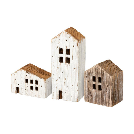 Rustic Wooden House Figurines / Set of 3