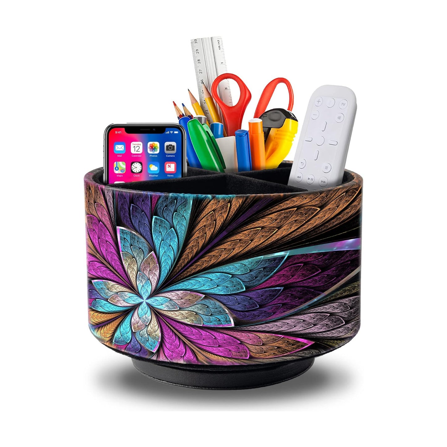 Remote Control Holder Round Leather Art Supply Organizer