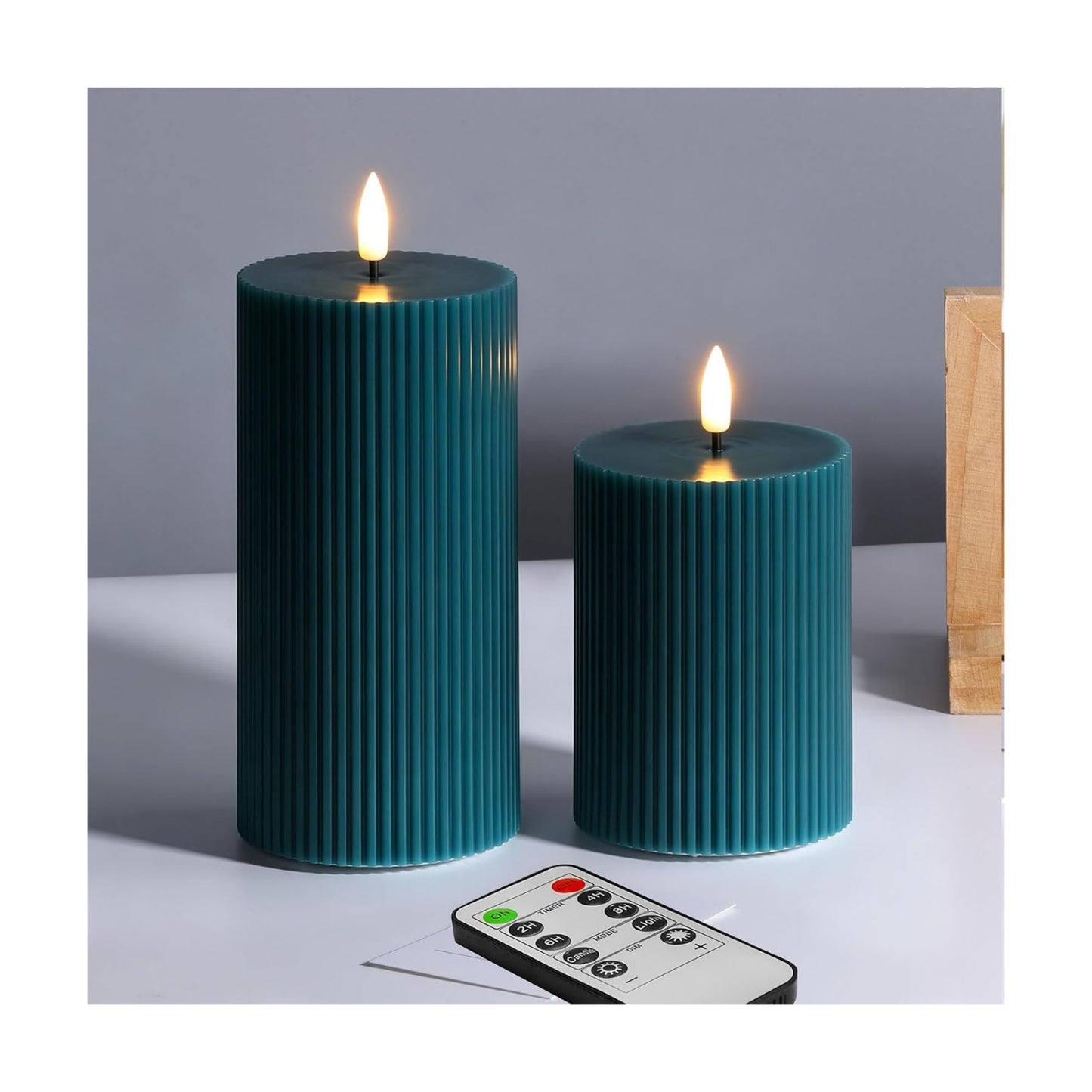 Ribbed Flameless Pillar Candles / Green / Set of 2
