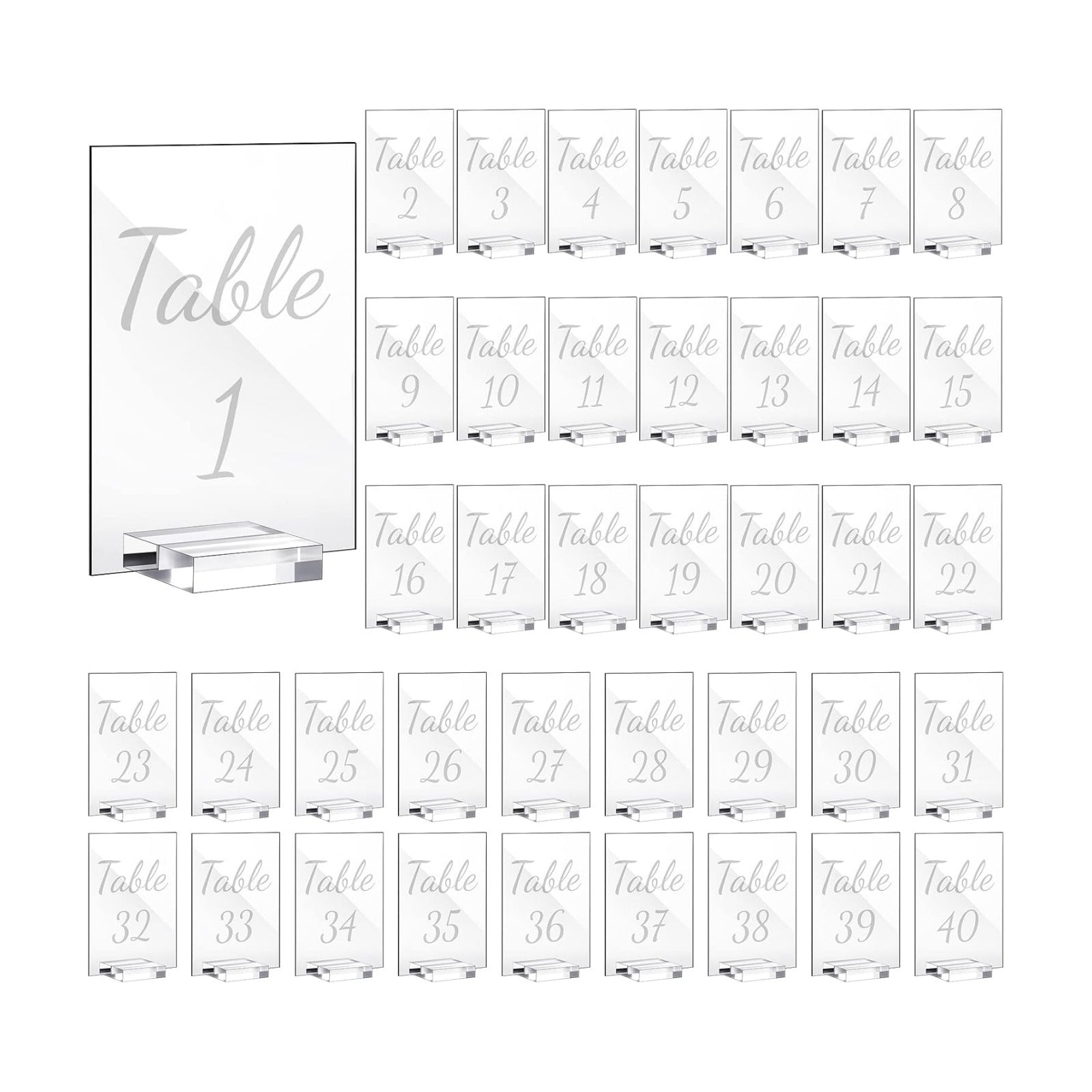 40 Pack White 4 x 6 Inch Acrylic Wedding Table Number 1-40 Clear Wedding Table Stand with Numbers Calligraphy Holders