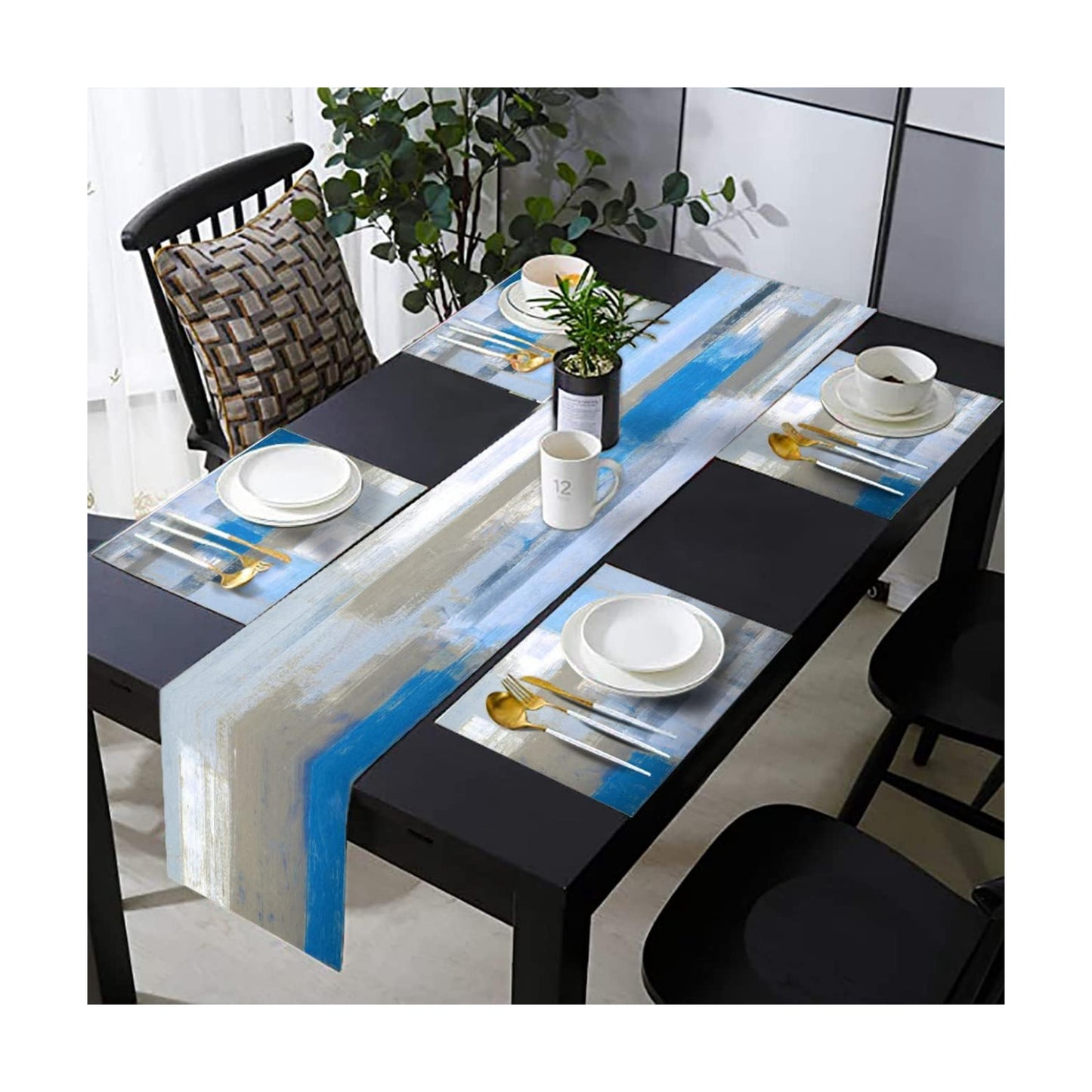 Light Blue Grey Table Runner & Placemats Set, Linen 108" Long | Abstract graffiti art painting design. Washable linen
