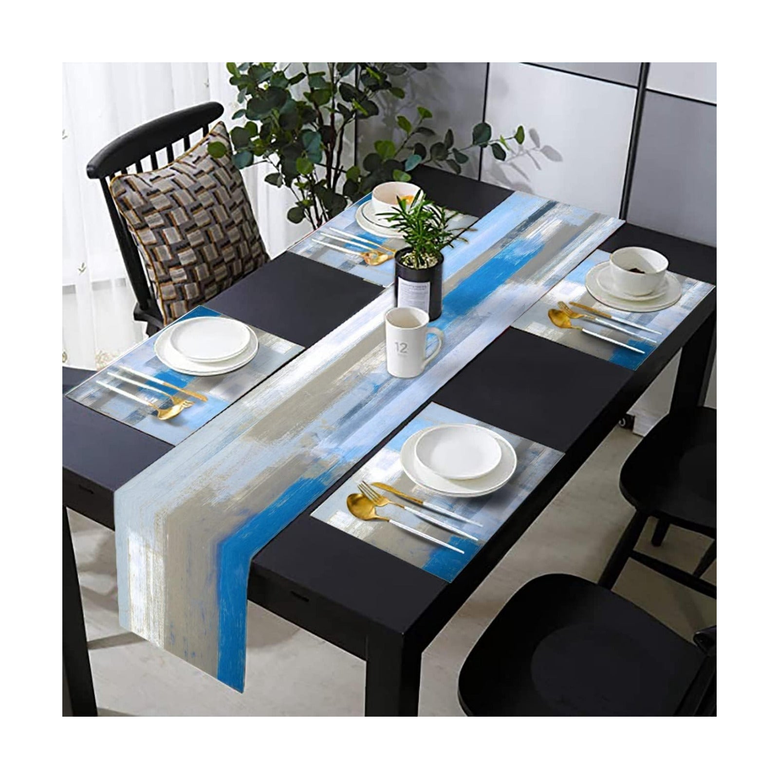 Light Blue Grey Table Runner & Placemats Set, Linen 108" Long | Abstract graffiti art painting design. Washable linen