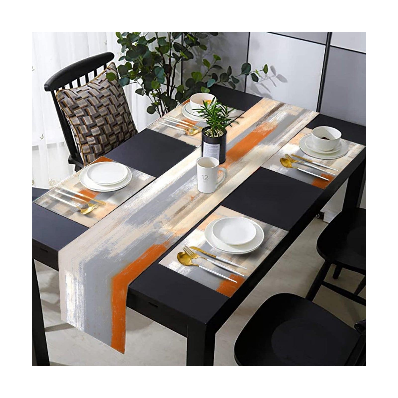Orange and Brown Abstract Modern Table Runner with Place Mats Set of 7 Retro Graffiti Art Painting Linen Dining Mat