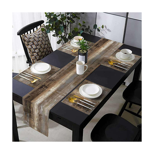 Brown and Grey Abstract Modern Table Runner 108 Inches Long with Place Mats Set of 7 Retro Art Painting Graffiti Linen