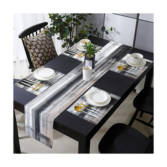 Black and Grey Abstract Modern Table Runner 108 Inches Long with Place Mats Set of 7 Retro Art Painting Graffiti Linen