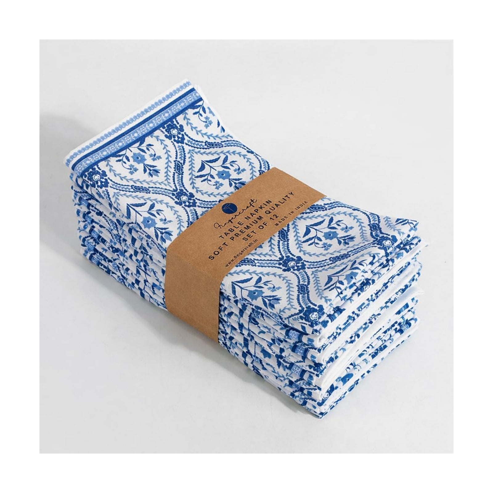 FINGERCRAFT Cloth Napkins Set of 12 Cotton Linen, 20x20 Inch, Damask Blue | Mitered corner, washable, soft, absorbent