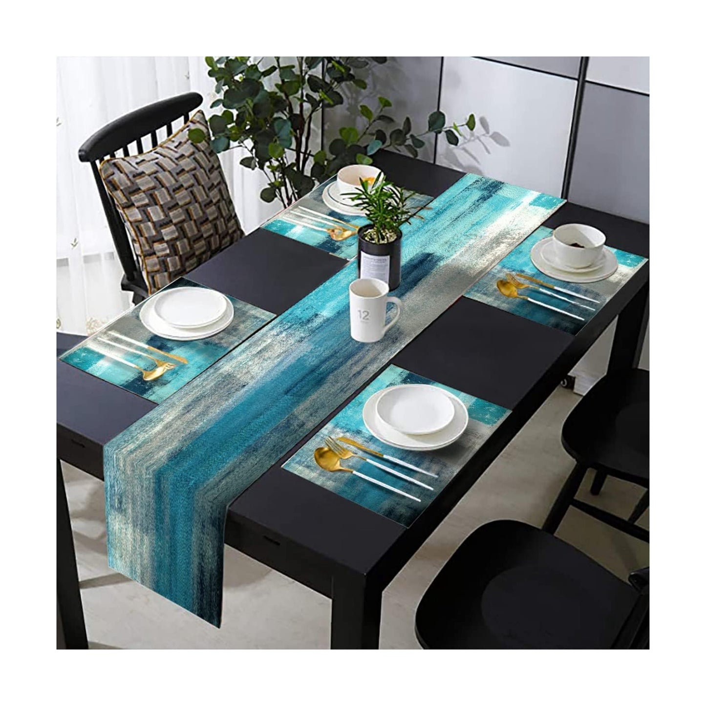 Turquoise Abstract Modern Table Runner and Placemats Set of 6 | Long Teal Blue Retro Graffiti Art Painting Linen Dining