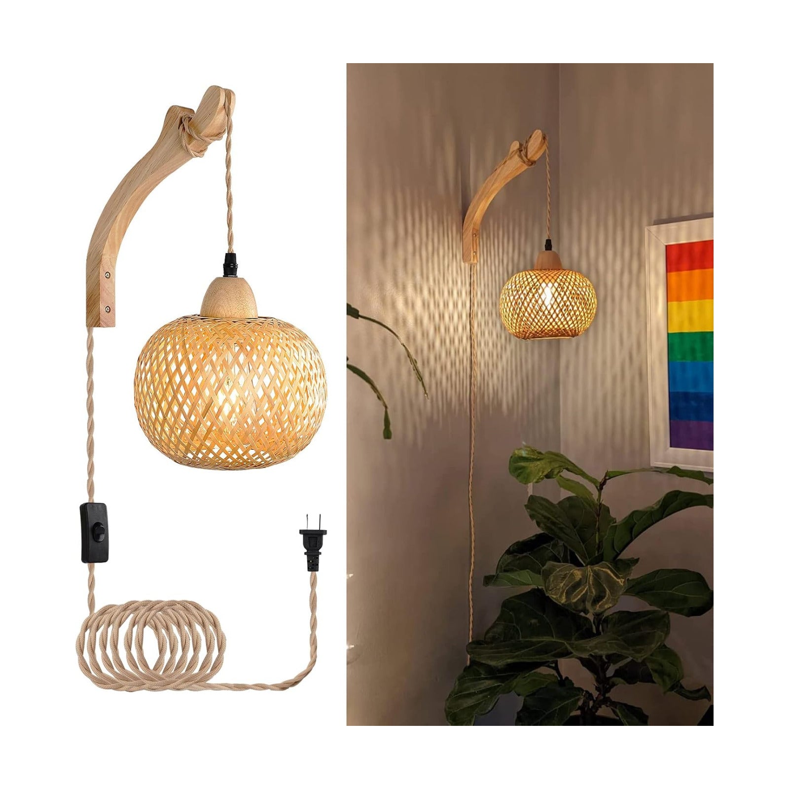 Plug in Cord Hand Woven Rattan Wall Light Farmhouse / Orange