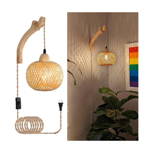 Plug in Cord Hand Woven Rattan Wall Light Farmhouse / Orange