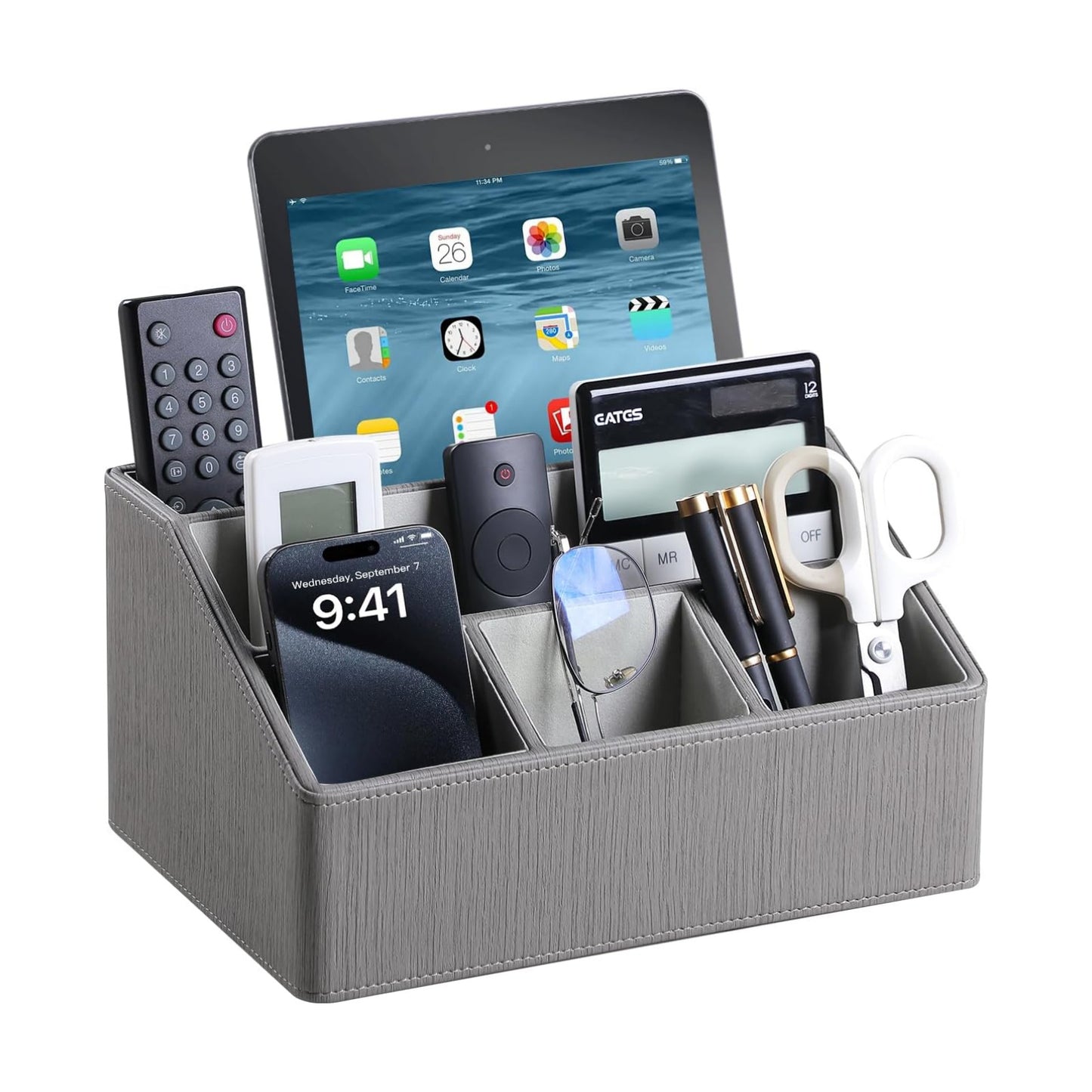 PU Leather Desk Organizer, Remote Control Holder, Grey | Luxury Nightstand Organizer for Home, Office Desk Accessories