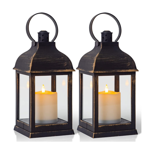 Vintage Lantern Decorative LED Flickering Flameless Candle with Timer, Battery Powered LED Decorative Hanging Golden