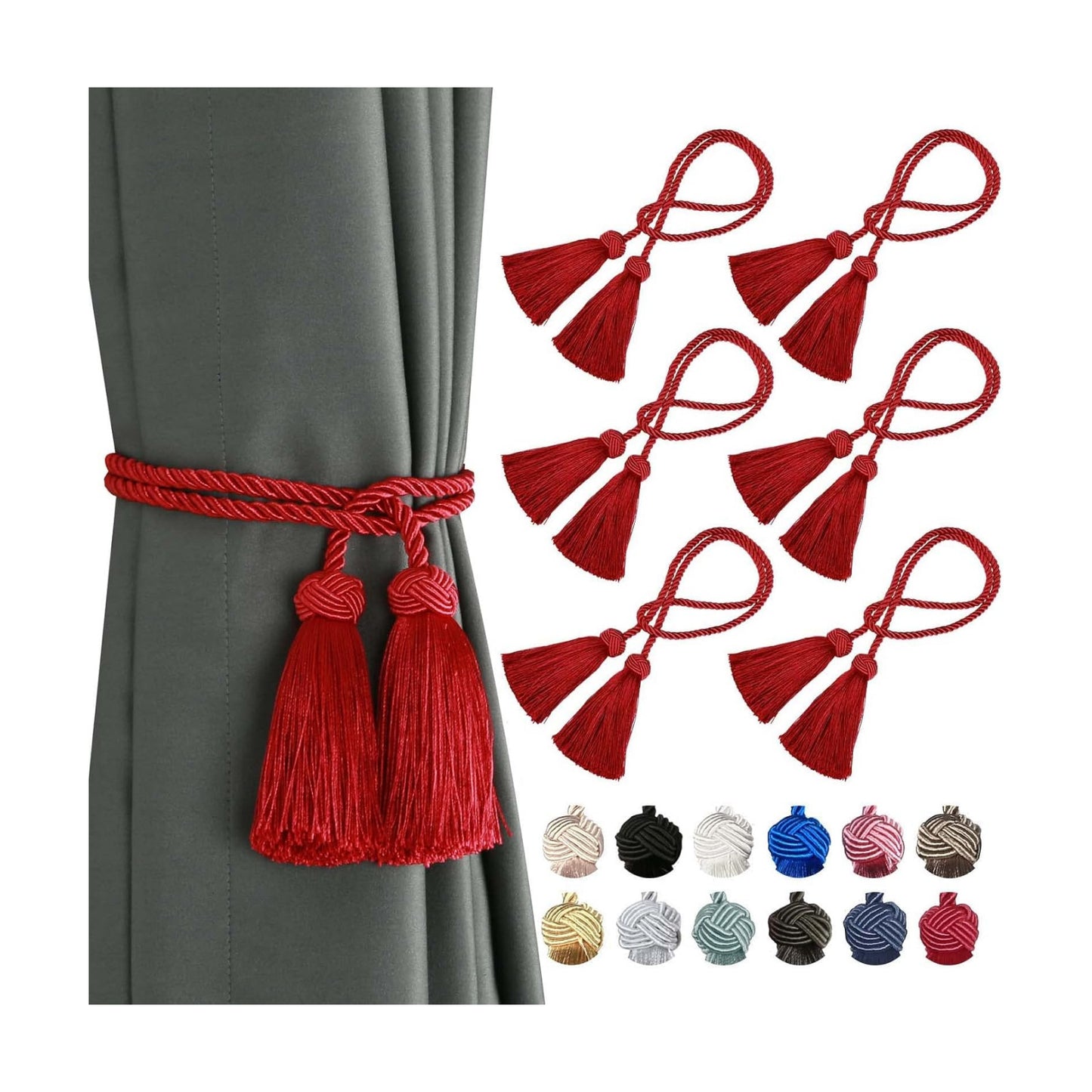 BEL AVENIR 6 Pack Handmade Rope Tassel Curtain Tiebacks | Decorative Curtain Holdbacks with Tassel (Red, 6 Pack)