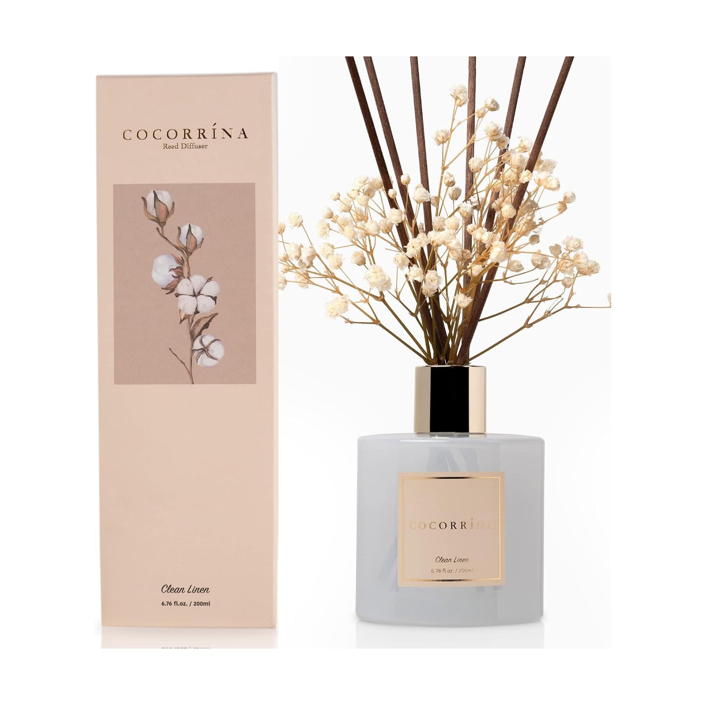 Cocorrína Reed Diffuser Set, Clean Linen 6.7 fl oz Scented Diffuser with Sticks Home Fragrance Reed Diffuser for