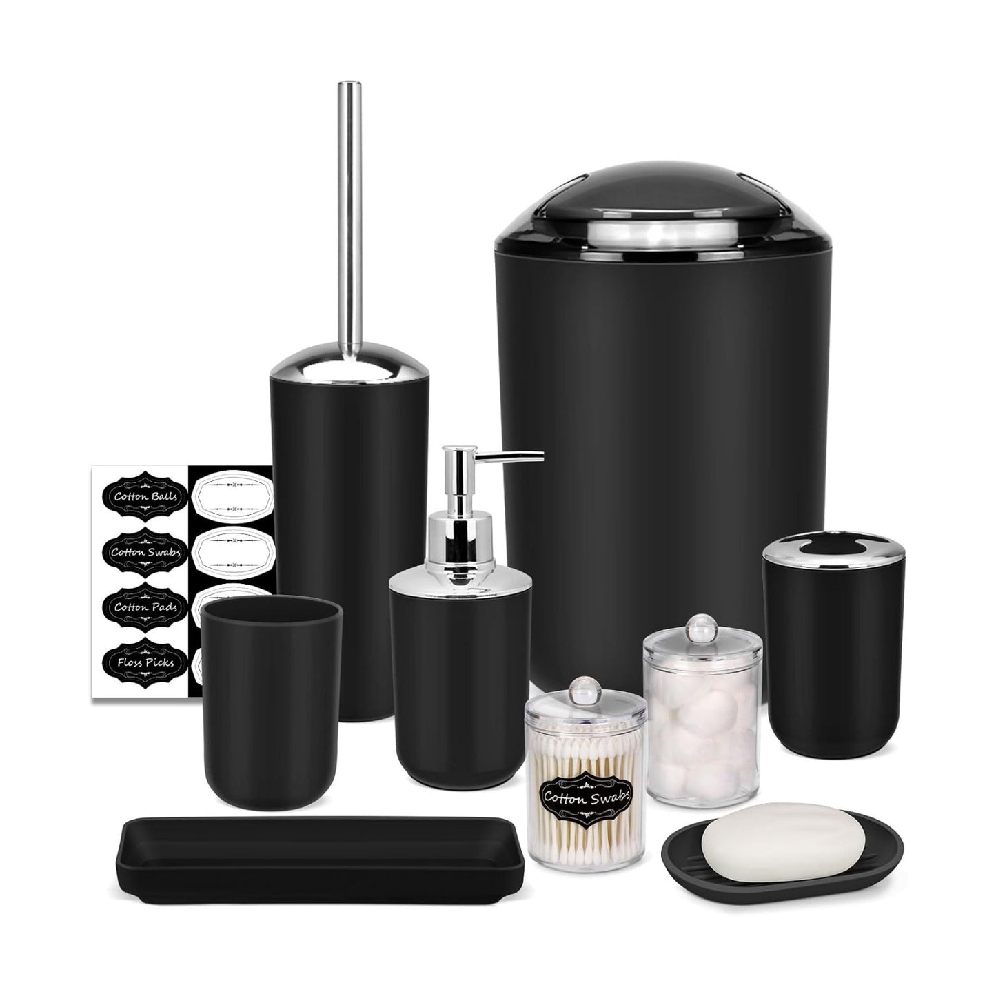 IMAVO Bathroom Accessories Set,Black Bathroom Set,9 Pieces Bathroom Accessory Set,Tray,Qtip Holders,Toilet Brush,Trash