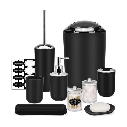 IMAVO Bathroom Accessories Set,Black Bathroom Set,9 Pieces Bathroom Accessory Set,Tray,Qtip Holders,Toilet Brush,Trash